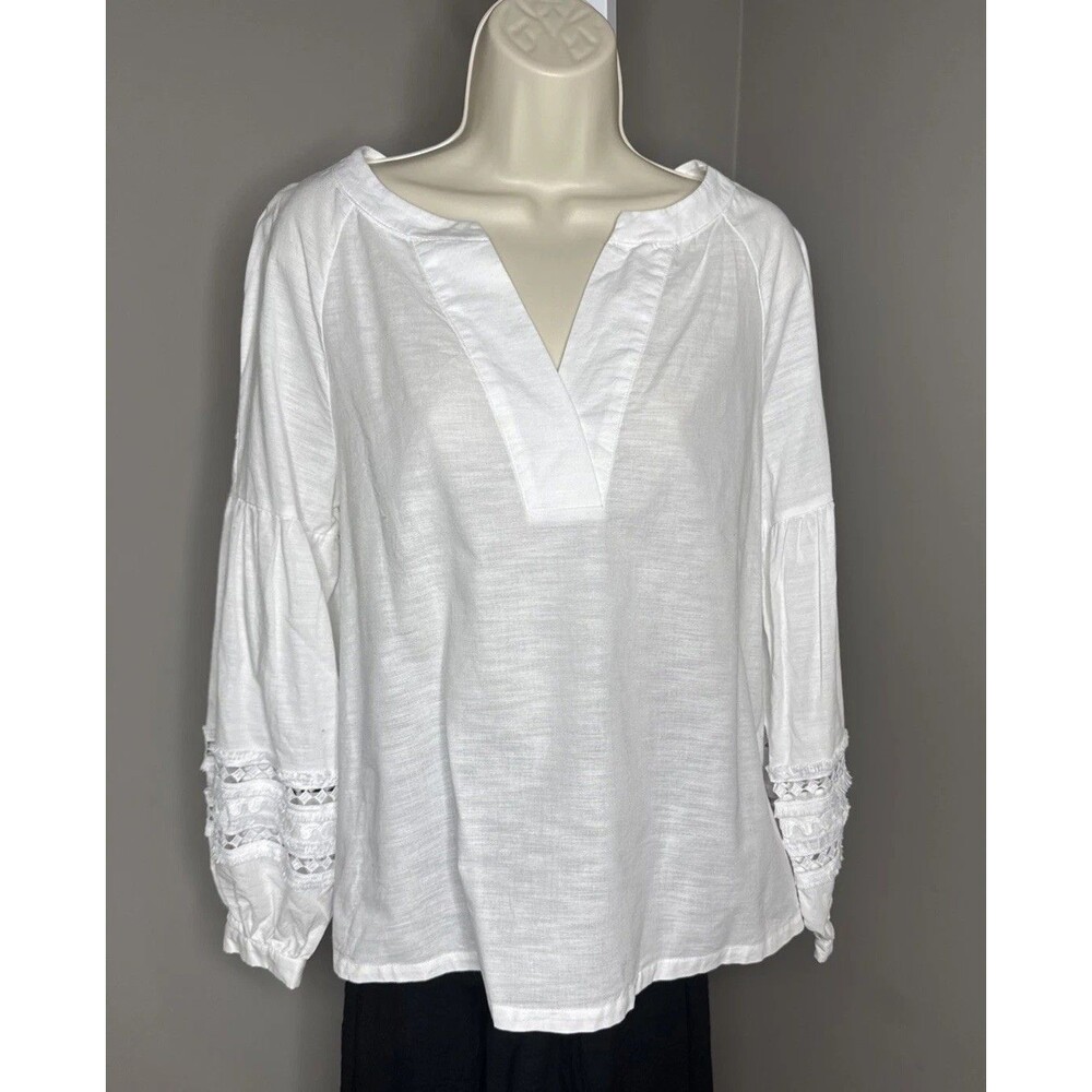 WHO WHAT WEAR 100% Cotton Tunic Top Crocheted Split Neck XS